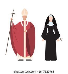 Religion people wearing specific uniform. Male and female religious figure. Christian papa and monk. Flat vector illustration