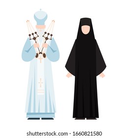 Religion people wearing specific uniform. Male and female religious figure. Christian Orthodox Church monk. Flat vector illustration