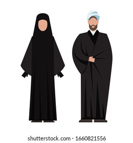 Religion people wearing traditional clothes. Male and female religious figure. Muslim monk. Flat vector illustration