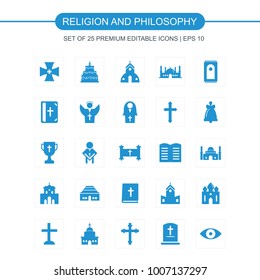 Religion and Philosphy icons set blue