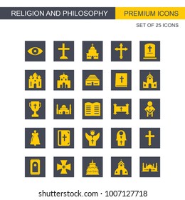 Religion and Philosphy icons set yellow and grey