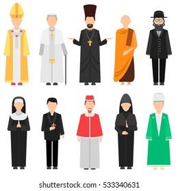 Religion pious people silhouette different country clothes vector set. Religious nationality mans isolated on white background