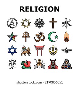 Religion, Prayer Cult And Atheism Icons Set Vector. Christianity And Druze, Bahai And Gnosticism, Hinduism And Islam, Judaism And Sikhism. Sect Religious And Human Soul Color Illustrations