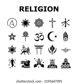 Religion, Prayer Cult And Atheism Icons Set Vector. Christianity And Druze, Bahai And Gnosticism, Hinduism And Islam, Judaism Sikhism. Sect Religious Human Soul Glyph Pictograms Black Illustrations