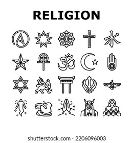 Religion, Prayer Cult And Atheism Icons Set Vector. Christianity And Druze, Bahai And Gnosticism, Hinduism And Islam, Judaism And Sikhism. Sect Religious And Human Soul Black Contour Illustrations