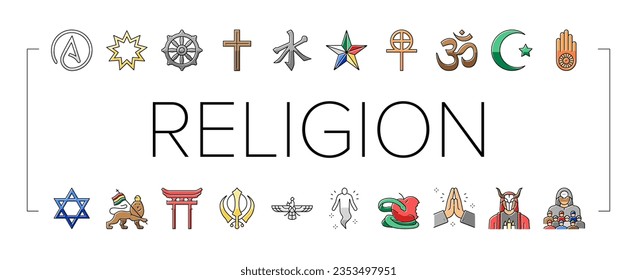 Religion, Prayer Cult And Atheism Icons Set Vector. Christianity And Druze, Bahai And Gnosticism, Hinduism And Islam, Judaism And Sikhism. Sect Religious And Human Soul Color Illustrations