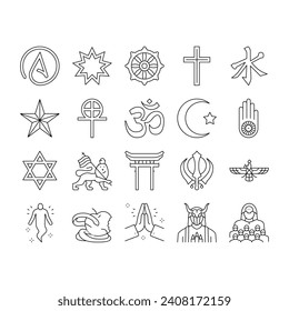 Religion, Prayer Cult And Atheism Icons Set Vector. Christianity And Druze, Bahai And Gnosticism, Hinduism And Islam, Judaism And Sikhism. Sect Religious And Human Soul Black Contour Illustrations