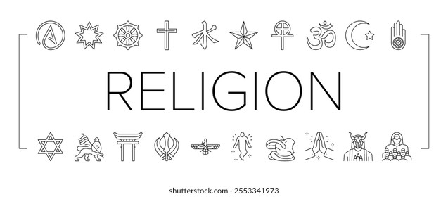 Religion, Prayer Cult And Atheism Icons Set Vector. Christianity And Druze, Bahai And Gnosticism, Hinduism And Islam, Judaism And Sikhism. Sect Religious And Human Soul Black Contour Illustrations