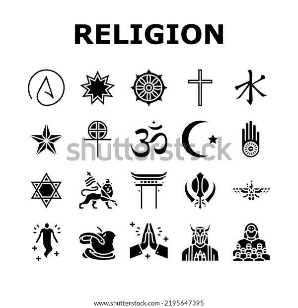 Religion, Prayer Cult And Atheism Icons Set\
Vector. Christianity And Druze, Bahai And Gnosticism, Hinduism And\
Islam, Judaism Sikhism. Sect Religious Human Soul Glyph Pictograms\
Black Illustrations