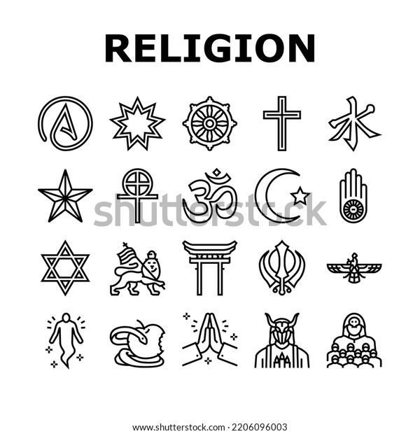 Religion, Prayer Cult And Atheism Icons Set\
Vector. Christianity And Druze, Bahai And Gnosticism, Hinduism And\
Islam, Judaism And Sikhism. Sect Religious And Human Soul Black\
Contour\
Illustrations