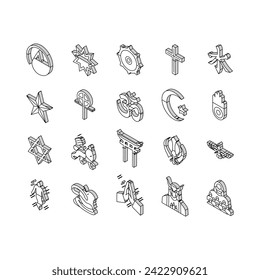 Religion, Prayer Cult And Atheism isometric icons set. Christianity And Druze, Bahai And Gnosticism, Hinduism And Islam, Judaism And Sikhism. Sect Religious And Human Soul Color