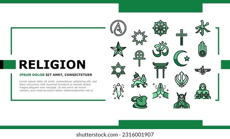 Religion, Prayer Cult And Atheism Landing Web Page Vector. Christianity And Druze, Bahai And Gnosticism, Hinduism And Islam, Judaism And Sikhism. Sect Religious And Human Soul Illustration