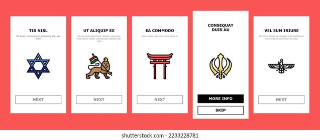 Religion, Prayer Cult And Atheism onboarding mobile vector. Christianity And Druze, Bahai And Gnosticism, Hinduism And Islam, Judaism And Sikhism. Sect Religious And Human Soul Color Illustrations