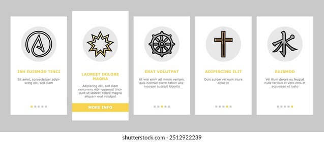 Religion, Prayer Cult And Atheism onboarding mobile vector. Christianity And Druze, Bahai And Gnosticism, Hinduism And Islam, Judaism And Sikhism. Sect Religious And Human Soul Color Illustrations