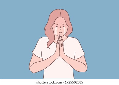 Religion, praying, begging concept. Young unhappy desperate woman or girl cartoon character begging for mercy crying and holding palms together in prayer. Asking or request or god faith illustration.