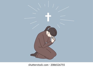 Religion praying and believe in god concept. Young woman nun sitting with hands crossed praying to god in religious gesture spiritual blessing vector illustration 
