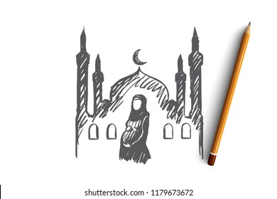 Religion, pregnancy, muslim, arabic, islam, mosque concept. Hand drawn pregnant muslim woman, mosque on background concept sketch. Isolated vector illustration