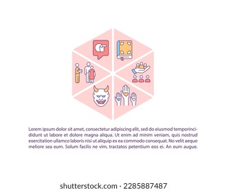 Icono de concepto de pros y contras religiosos con texto. Conceptos erróneos y prejuicios. Apoyo comunitario. Plantilla vectorial de página PPT. Folleto, revista, elemento de diseño de folletos con ilustraciones lineales