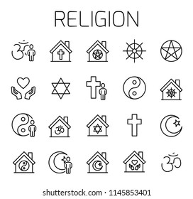 Religion related vector icon set. Well-crafted sign in thin line style with editable stroke. Vector symbols isolated on a white background. Simple pictograms. svg