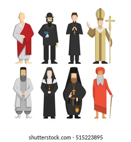 Representantes religiosos prontos. Papa e sacerdote, rabino e monge e outros. Cultura religiosa.