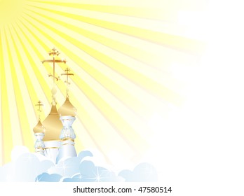 religion scenery with church cupola, sun and clouds. Copyspace for your text