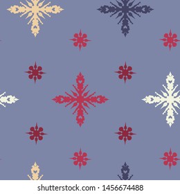 Religion seamless pattern. Cross or snowflake signs on dark background. Winter, Christmas theme retro texture. Red, blue, white colored. Vector illustration