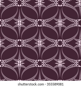Religion seamless pattern. Laurel wreath ceremonial texture. Curled, swirl stylized ornament with cross. Dark purple, gray colored background. Vector 