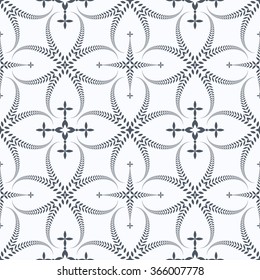 Religion seamless pattern. Laurel wreath, lace view texture with cross. Ceremonial, funeral background. Swirl stylized ornament. Gray, contrast colored. Vector 