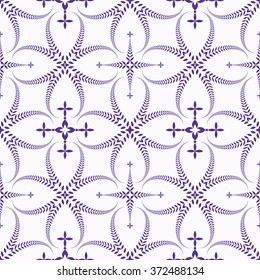 Religion seamless pattern. Laurel wreath, lace view texture with cross. Ceremonial background. Swirl stylized ornament. Lilac, contrast colored. Vector 