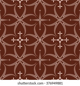 Religion seamless pattern. Laurel wreath, lace view texture with cross. Ceremonial, funeral background. Swirl stylized ornament. Brown, beige colored. Vector 