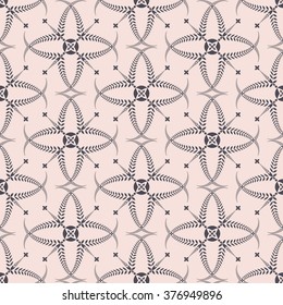 Religion seamless pattern. Laurel wreath, lace view texture with cross. Ceremonial, funeral background. Swirl stylized ornament. Gray, beige colored. Vector 