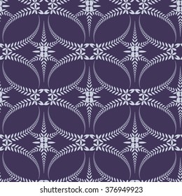 Religion seamless pattern. Laurel wreath, lace view texture with cross. Ceremonial, funeral background. Swirl stylized ornament. Purple, violet-blue, gray colored. Vector 