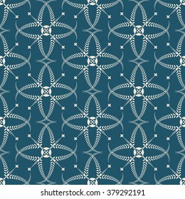 Religion seamless pattern. Laurel wreath, lace view texture with cross. Ceremonial, funeral background. Swirl stylized ornament. Turquoise, light gray colored. Vector 