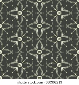 Religion seamless pattern. Laurel wreath, lace view texture with cross. Ceremonial, funeral background. Swirl stylized ornament. Green contrast colored. Vector 