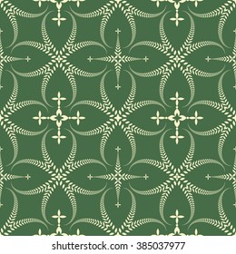Religion seamless pattern. Laurel wreath, lace view texture with cross. Ceremonial, funeral background. Swirl stylized ornament. Green, yellow colored. Vector 