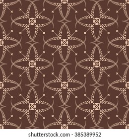 Religion seamless pattern. Laurel wreath, lace view texture with cross. Ceremonial, funeral background. Swirl stylized ornament. Brown, tan contrast colored. Vector 