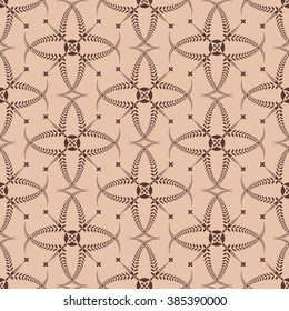Religion seamless pattern. Laurel wreath, lace view texture with cross. Ceremonial, funeral background. Swirl stylized ornament. Brown, tan contrast colored. Vector 