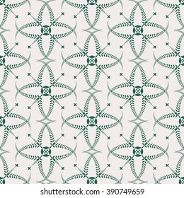 Religion seamless pattern. Laurel wreath, lace view texture with cross. Ceremonial, funeral background. Swirl stylized ornament. White, green colored. Vector 