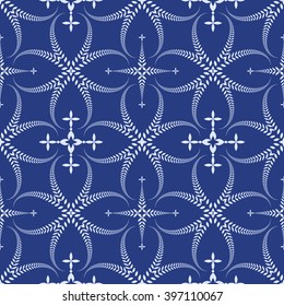 Religion seamless pattern. Laurel wreath, lace view texture with cross. Ceremonial, funeral background. Swirl stylized ornament. Blue contrast colored. Vector 