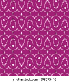 Religion seamless pattern. Laurel wreath, lace view texture with cross. Ceremonial, Easter background. Swirl stylized ornament. White, magenta contrast colored. Vector 