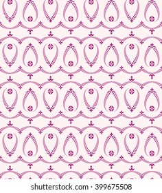 Religion seamless pattern. Laurel wreath, lace view texture with cross. Ceremonial, Easter background. Swirl stylized ornament. White, magenta contrast colored. Vector 