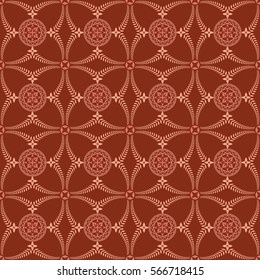 Religion seamless pattern. Laurel wreath, lace view texture with cross. Ceremonial, funeral background. Swirl stylized ornament. Redbrown, sienna colored. Vector