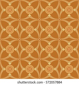 Religion seamless pattern. Laurel wreath, lace view texture with cross. Ceremonial, funeral background. Swirl stylized ornament. Yellow, gold colored. Vector