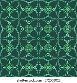 Religion seamless pattern. Laurel wreath, lace view texture with cross. Ceremonial, funeral background. Swirl stylized ornament. Green, emerald colored. Vector