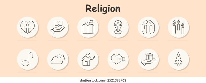 Ícone do conjunto de religiões. Cruz no coração, mão com símbolo de amor, livro com corações, cruz no mapa, mãos rezando, nuvem, casa com crescente, coração com chave, velas, presente na mão, árvore de Natal, amor