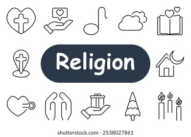 Religion set icon. Cross heart, helping hand, music note, cloud, open book with hearts, cross location pin, prayer hands, gift box, Christmas tree, candles. Suitable for faith, spirituality