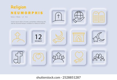 Religion set icon. Cross, tombstone, global care, commandments, crescent, fireplace, star and moon, cemetery, love, faith, spiritual care, compassion, graveyard