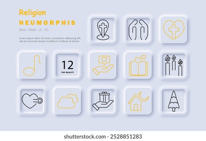 Religion set icon. Music note, clouds, love, gift, crescent house, prayer hands, cross, holy book, candles, Christmas tree, compassion, offering