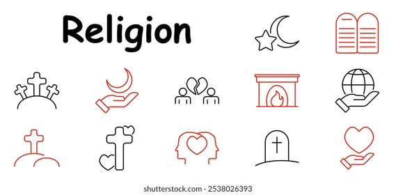 Ícone do conjunto de religiões. Rezando mãos, cabeças de coração, igreja, sino, escala, coração de amor, estrela de Davi, mãos de unidade, envelope, cruz com coração. Melhor para valores religiosos, unidade e paz