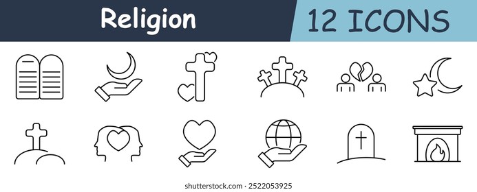 Symbol für Religionssatz. Steintafeln, Hand mit Halbmond, Kreuz mit Herz, Friedhof, gebrochenes Herz, Person, Stern und Halbmond, Kreuz auf Hügel, Gesicht mit Herz, Kugel in der Hand, Grabstein, Kamin